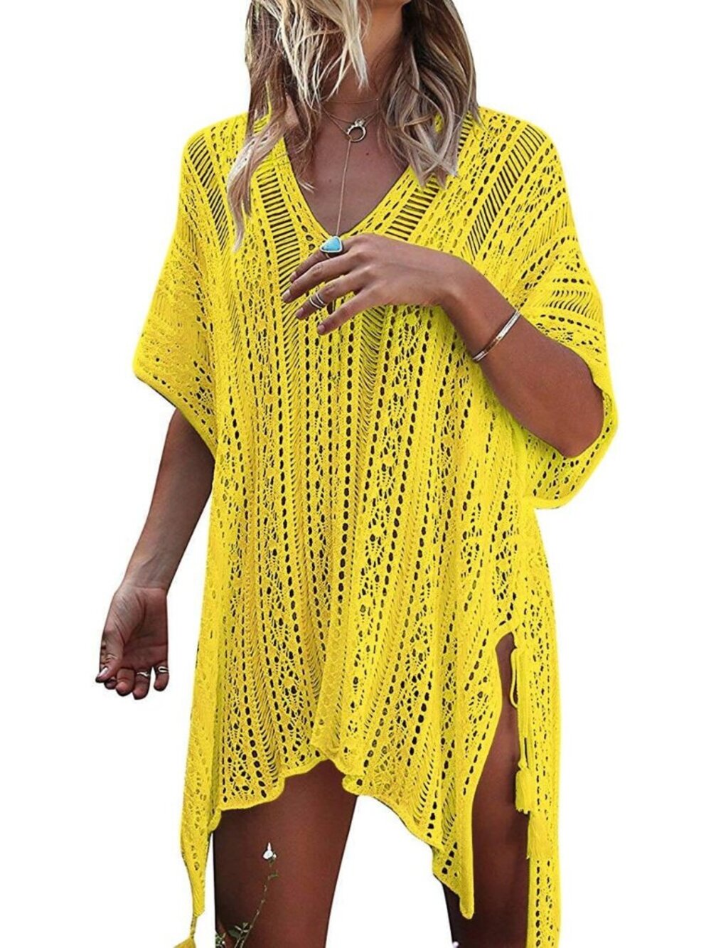 Women's Yellow Polyester Crochet Cover up Swimsuit Breathable Beach Swimwear
